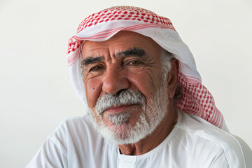 Elegant elderly Arabian man with a warm expression, looking at the camera, isolated on white background.