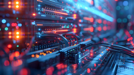 Server room with switch, internet cables and wires. Fiber optic equipment in data center. Network background