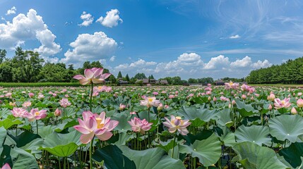 Scenic Landscape of a Blooming Lotus Flower Field Under Blue Sky and White Clouds