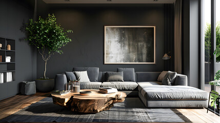 Fototapeta premium Rustic sofa near grey wall with two frames against big window. Scandinavian, rustic home interior design of modern living room.