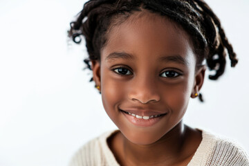 Lovely Black school-aged girl with a radiant smile, gazing at the camera, isolated on white background.