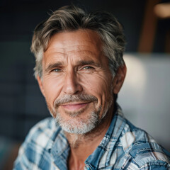 Fototapeta premium Mature Caucasian man with a kind smile, gazing into the camera.