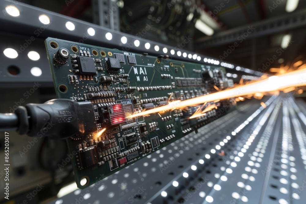 Poster ai integrated circuit board with glowing lines and advanced microtechnology in a high tech laborator