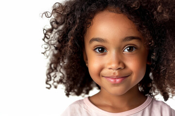 Sweet African American school-aged girl with a gentle smile, looking into the camera, isolated on white background.