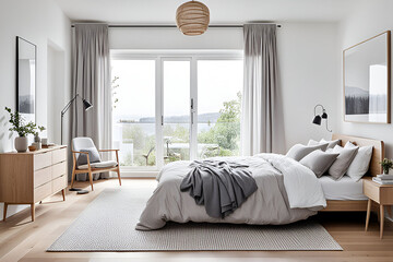 A cozy bedroom with light wood floors, white walls, and simple, functional furniture.