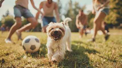 Happy buddies playing football with a dog during a summer garden party - leisure, vacations, people, and pets idea