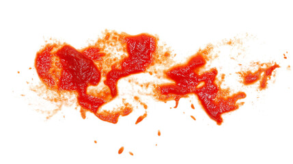 Red ketchup splashes isolated on white background, tomato pure texture, top view	 