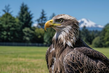 Obraz premium Bald eagle juvenile soaring over a soccer field in search of food