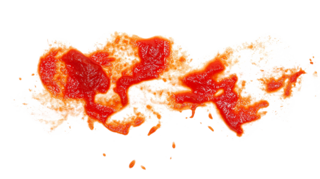 Red ketchup splashes isolated on white background, tomato pure texture, top view	 