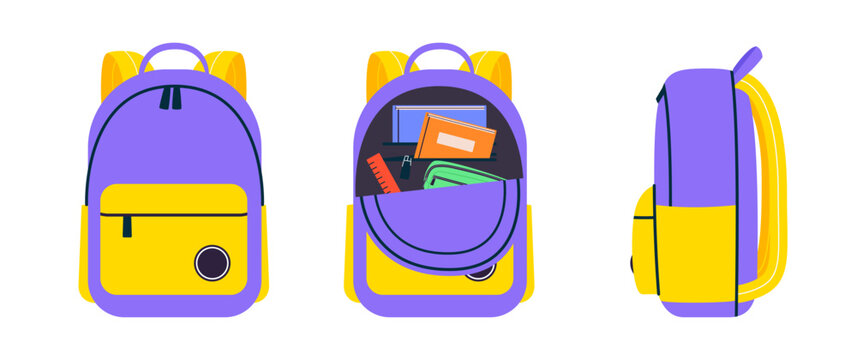 Set of childish school backpacks and schoolbags of front and side view. Transparent backdrop