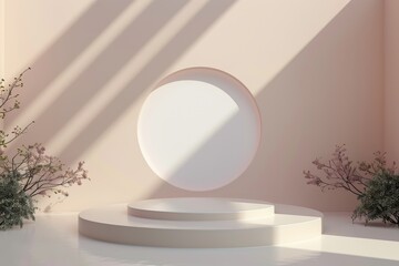 Fototapeta premium Minimalist 3D render of a double podium or pedestal with white circle on a pastel background and plant shadows.