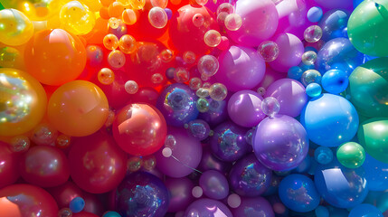 Fototapeta premium Background made with scattered color gel balls,beautiful shiny balls of different colors and sizes completely cover the surface. Some spheres glow. 3d photorealistic render geometric reative holiday 