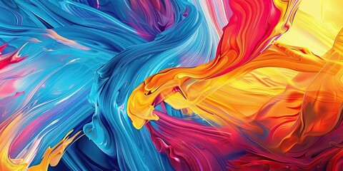 A dynamic abstract artwork with bold, sweeping strokes of blue, yellow, and red. The vibrant colors and fluid shapes create a sense of movement and energy