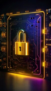 Golden neon lock symbol on electonic digital circuit board. Concept of the spread of security and data protection, cyber security, technology, digital security and IT infrastructure. Vertical AI back