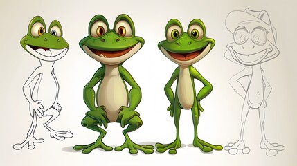 Obraz premium Male frog cartoon character mascot design, including flat and line art design, isolated on white background, vector clip art illustration. 
