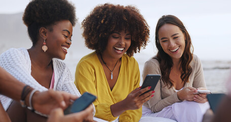 Friends, relax and outside with woman on smartphone, people and social media discussion for internet post, Website, scrolling and connection on app, happy meme and summer break or gossip together
