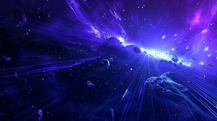 Obraz premium Dynamic Blue Curves and Radiant Asteroids in Infinite Space, Ethereal Atmosphere with hd Octane Rendered Lines, Abstract Art