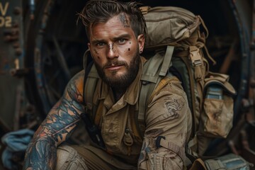 Obraz premium Bearded Man With Tattoos and Backpack Posing in a Dark Environment