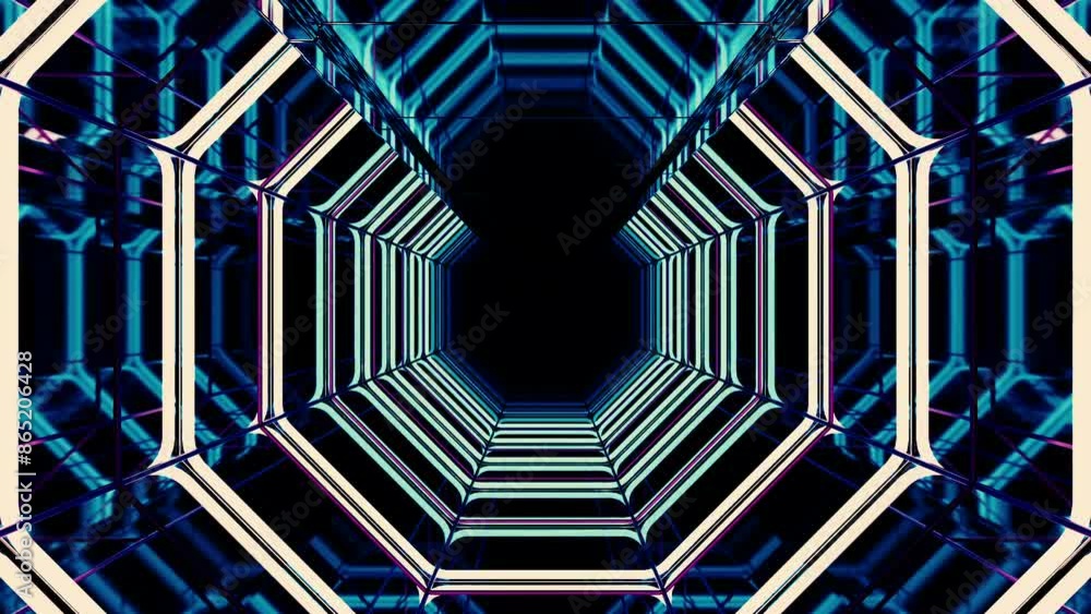 Canvas Prints ice color background with flying inside neon blue tunnel. design. corridor of hexagon silhouettes.