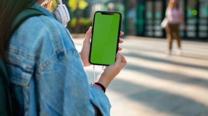 over the shoulder photo of a woman holding an iphone with green screen, AI Generative