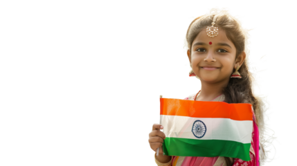 Cute Little Indian Girl Holding an Indian Flag in Traditional Attire isolated on transparent background