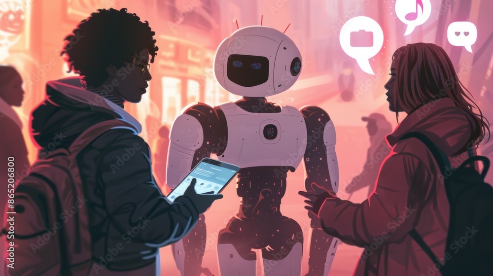 Poster people are looking at a mobile device with social icons and ad, and talking with a robotic robot, in