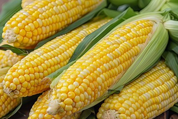 Freshly picked sweet corn cobs, with husks. Concepts of harvest, farm fresh produce, summer vegetables, and healthy eating.
