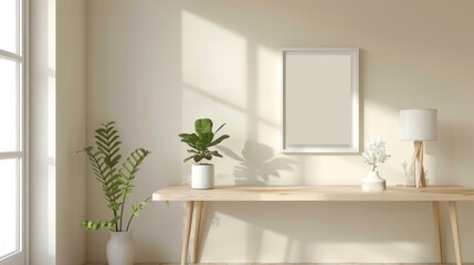 photo of a room with empty frame 3:4 by a wooden desk, in the style of figurative simplicity, AI Generative