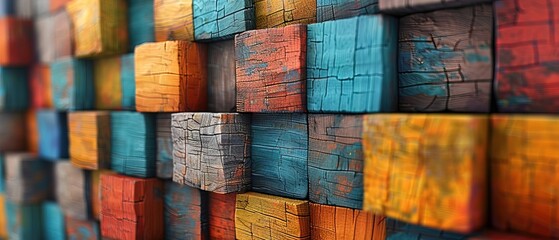 Abstract block stack wooden 3d cubes, colorful wood texture for backdrop