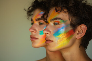 Obraz premium Glamorous Gay Guys With Faces Colored In Rainbow Colors: A Vibrant Celebration Of Pride And Identity In A Stunning Close-Up, LGBTQ pride