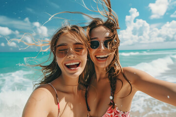 Attractive women striking playful poses on sun-drenched beach