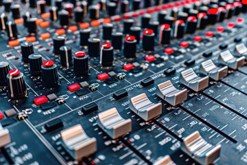 Audio mixing console with rotary controls, sliders, and buttons