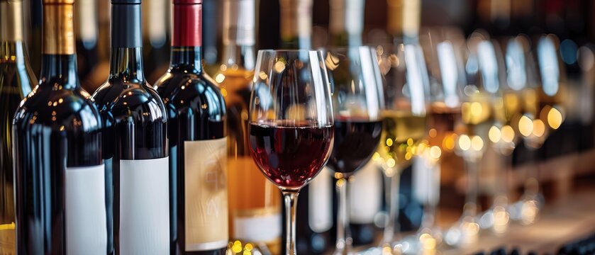 Row of wine bottles and glassware at a wine tasting event
