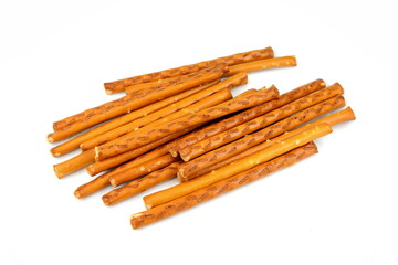 Salty cracker pretzel sticks, stuffed with peanuts isolated on white, top view