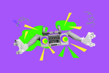 Creative collage woman legs body fragments boombox stereo portable player party roller skater shoes...