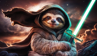 Portrait of a cute Jedi Sloth. fighting pose cinematic and for gaming concept, cosmic galaxy worrier, gen by AI.
