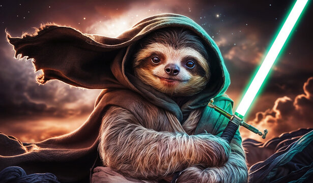 Portrait of a cute Jedi Sloth. fighting pose cinematic and for gaming concept, cosmic galaxy worrier, gen by AI.

