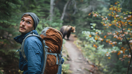 Obraz premium A man on a hiking trail, looking at a bear in the distance with a terrified expression, frozen in place --ar 16:9 --style raw Job ID: 663dae22-4922-4771-88fe-3c2d335da75d