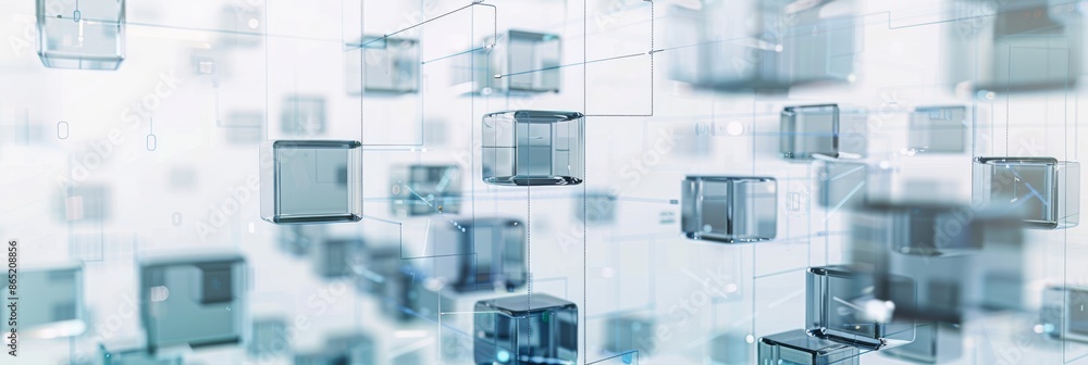 Poster blockchain technology represented by digital blocks and encryption symbols on a white background