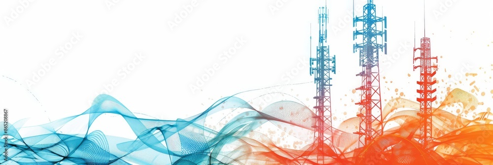 Poster 5g technology with signal towers and data streams on a clean white background
