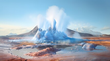 Geyser made of ice, erupting in an Alaskan valley, surrounded in the style of lush desert mountain and hot springs. Generative AI