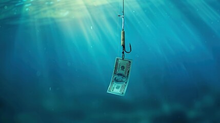 A single US dollar bill hanging on a fishing hook underwater, symbolizing the allure and pursuit of wealth.