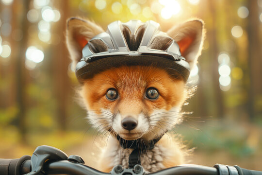 Photo of baby wild fox animal on bicycle wearing helmet