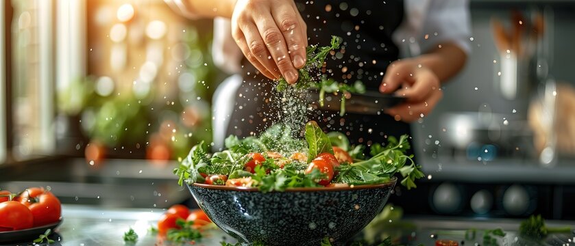 Dynamic image of a chef seasoning a bowl of salad with a sprinkle of herbs or spices in a kitchen 