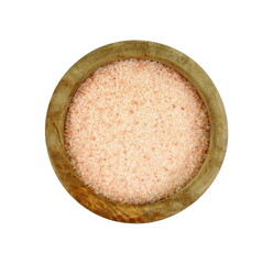 Himalayan salt in a wooden bowl on white background