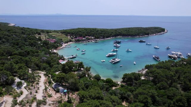 Bay with sailing boats and yachts on the Croatian coast near Hvar