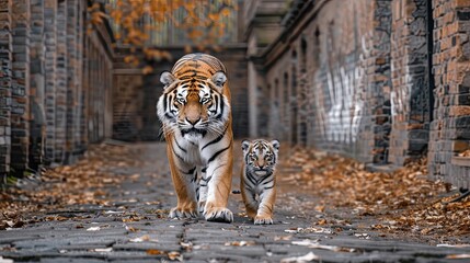 Fototapeta premium A large tiger and its cub walk together on a rocky path in the daylight