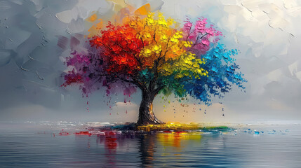 Elegant colorful tree with vibrant leaves hanging branches illustration background. Bright color 3d abstraction wallpaper for interior mural painting wall art decor. Ai