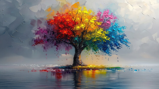 Elegant colorful tree with vibrant leaves hanging branches illustration background. Bright color 3d abstraction wallpaper for interior mural painting wall art decor. Ai