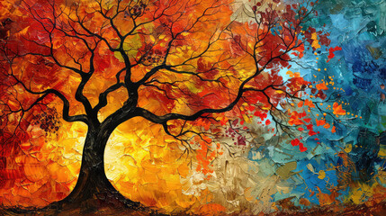 Elegant colorful tree with vibrant leaves hanging branches illustration background. Bright color 3d abstraction wallpaper for interior mural painting wall art decor. Ai